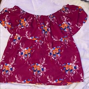 off the shoulder magenta and floral blouse